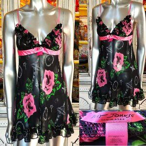 Vintage Betsey Johnson Babydoll Slip Dress Y2K Black Rose Floral Jewelry Print S